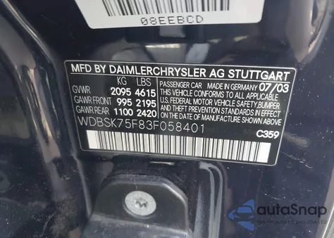 2003 Mercedes-Benz Sl 500 из США, поврежденный, VIN WDBSK75F83F058401